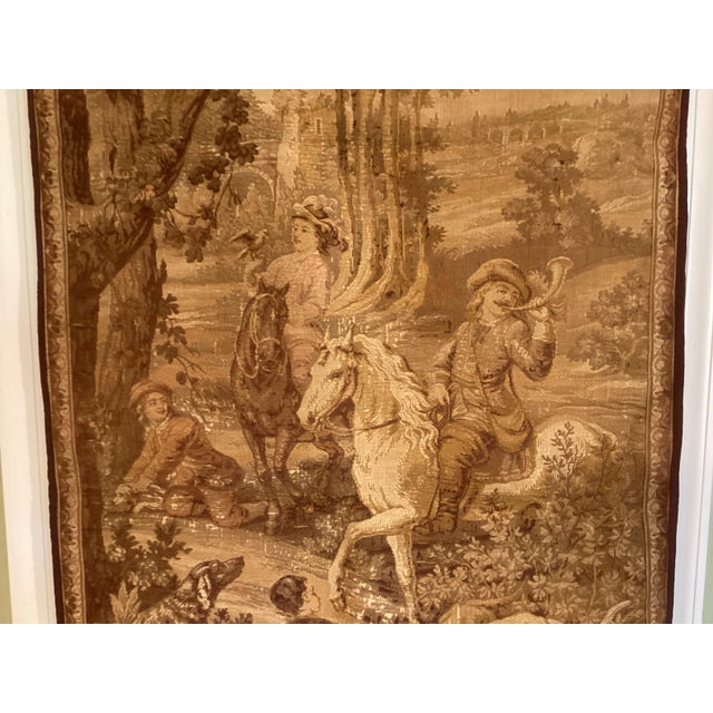 Burgundy Antique French Aubusson Style Jacquard Woven Tapestry, Hunting Scene, 55" X 25" For Sale - Image 8 of 10