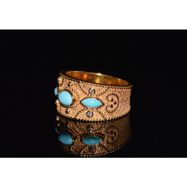 Etruscan Revival Natural Diamond Turquoise 18k Solid Gold Byzantine Beaded Greek Ring Stacking Band Ring, Size 6 For Sale - Image 3 of 14