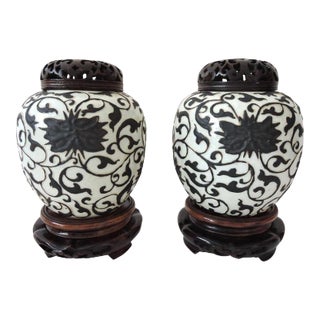 Rare Republic Peony & Iron Brown Crackle Glaze Chinese Ginger Jars With Wood Stands & Reticulated Tops, a Pair For Sale