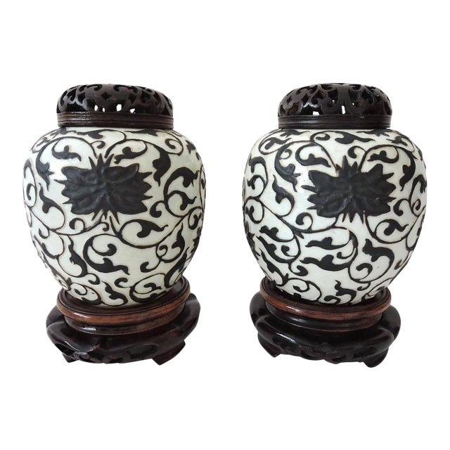 Rare Republic Peony & Iron Brown Crackle Glaze Chinese Ginger Jars With Wood Stands & Reticulated Tops, a Pair For Sale