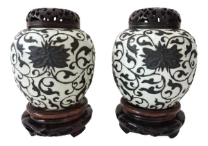 Rare Republic Peony & Iron Brown Crackle Glaze Chinese Ginger Jars With Wood Stands & Reticulated Tops, a Pair