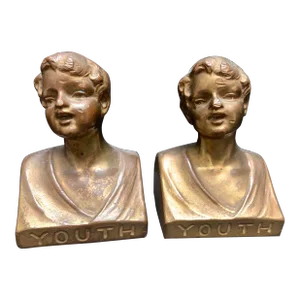 Vintage Bronze Youth Small Busts, Bookends, 1950s