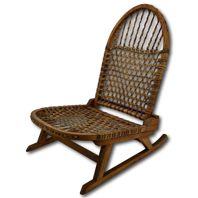 Vintage Tubbs Vermont Made "Snow Shoe" Style Stream Bent Ash Wood & Hand Woven Hide Canoe & Camping Folding Chair For Sale In Boston - Image 6 of 18