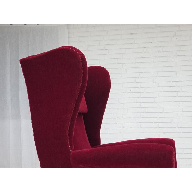 Danish Highback Wingback Armchair in Cherry-Red Velour, 1960s For Sale - Image 11 of 18