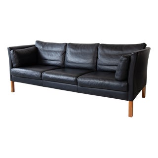 Danish Black Leather Sofa, 1960s For Sale