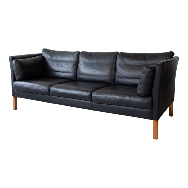 Danish Black Leather Sofa, 1960s For Sale