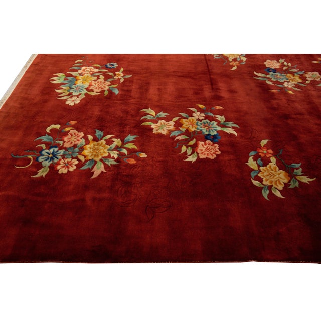 Red Antique Art Deco Chinese Handmade Red Wool Rug For Sale - Image 8 of 10