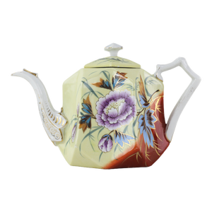 Antique Hand-Painted Porcelain Teapot With Floral Design – Elegant Pastel Yellow and Red Accent, Collectible Teaware