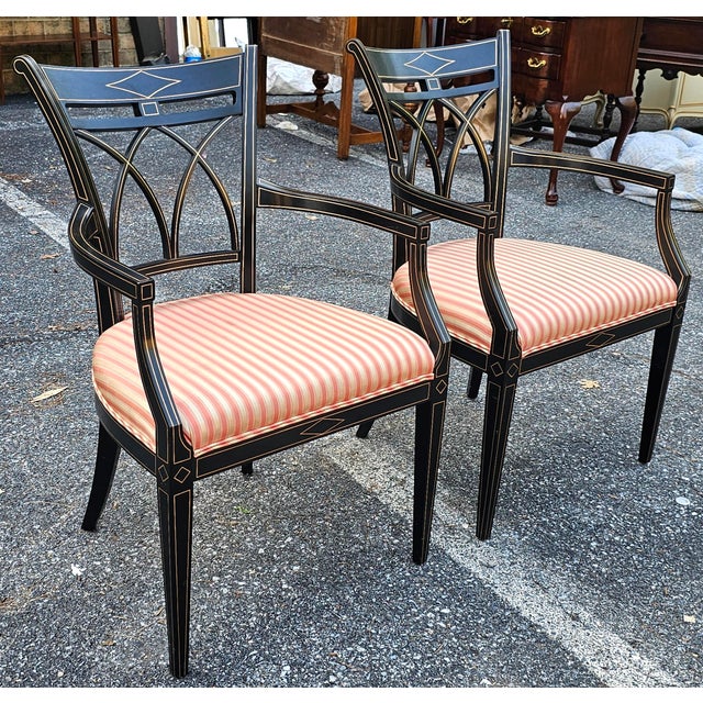 John Widdicomb Pair of J. Widdicomb Neoclassical Partial Gilt Ebonized Wood Upholstered Armchairs For Sale - Image 4 of 10