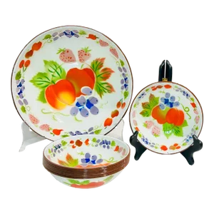 Antique Tutti Frutti Painted Enamel Serving Set - Large Bowl & 8 Small Bowls