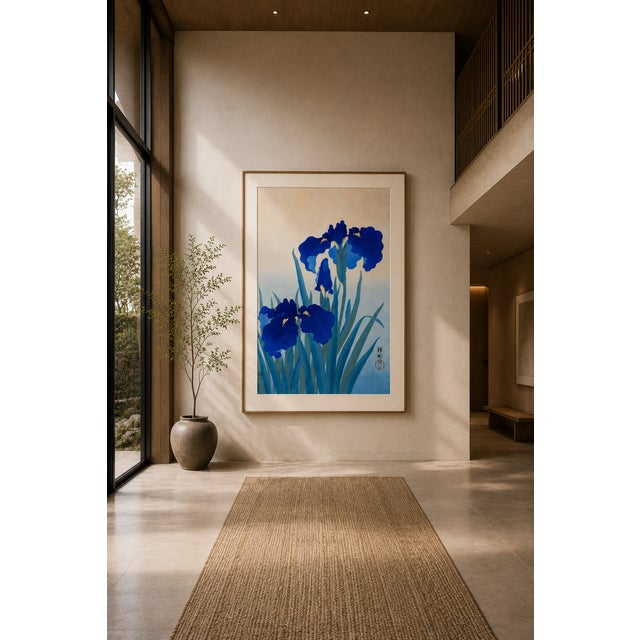 Blue Iris Flowers by Ohara Koson, Japanese Woodblock Print, 24" X 36" For Sale - Image 10 of 12