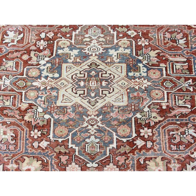 Persian Heriz With Geometric Medallion in Soft Red, Gray Blue With Soft Greens 7'6 X 10'8 For Sale - Image 10 of 13