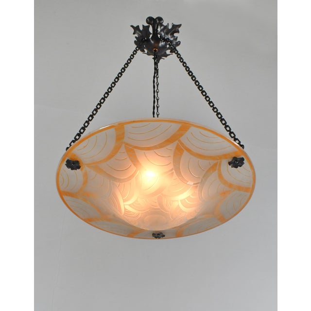 Metal Large French Art Deco Pendant Light by Le Verre Francais Schneider - 1930 Chandelier France For Sale - Image 7 of 14