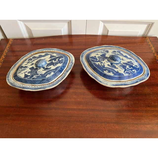 Blue Antique Chinese Export-Style Canton Blue & White Covered Dishes- a Pair For Sale - Image 8 of 8