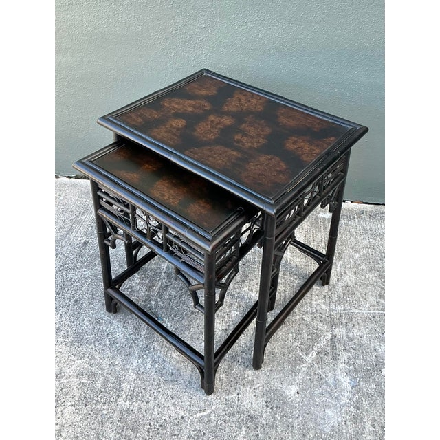 Wood Vintage Fretwork Rattan Nesting Tables - Set of 2 For Sale - Image 7 of 12