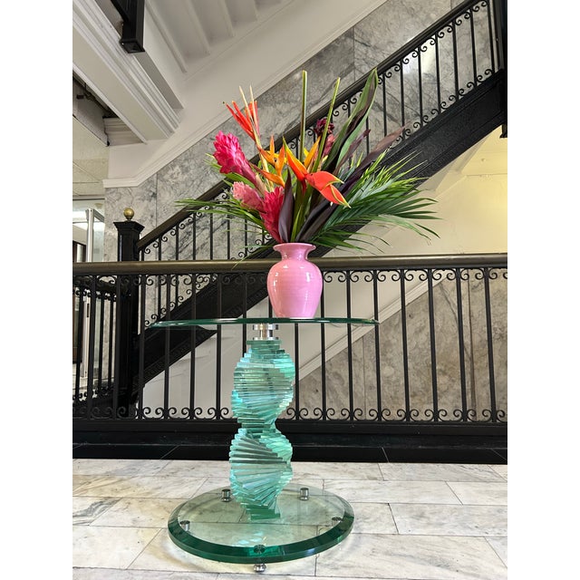 Sculptural spiral stacked glass Helix table in the style of Danny Lane. These tables are a work of modern art! 2 available.