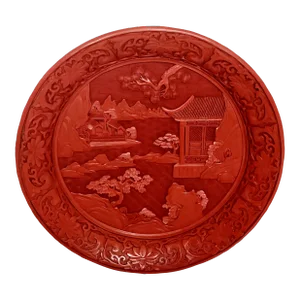 Chinese Hand-Carved Lacquer Red Cinnabar Resin Brass Mounted Plate-Palace Scene