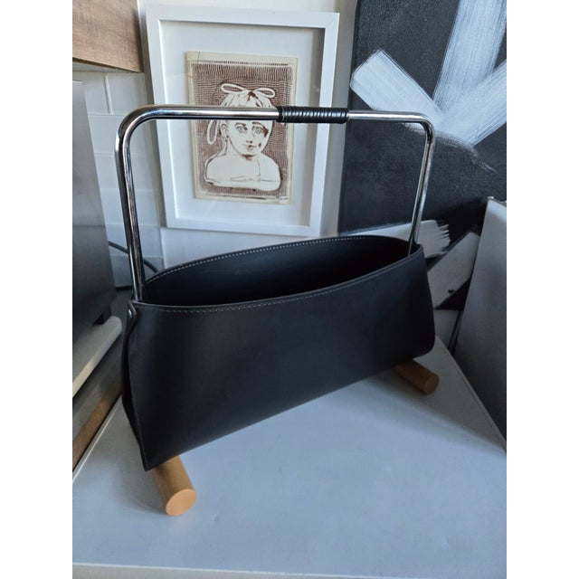 Black PostModern 1980's Arrben Italian Leather, Chrome & Wood Designer Magazine Holder For Sale - Image 8 of 13