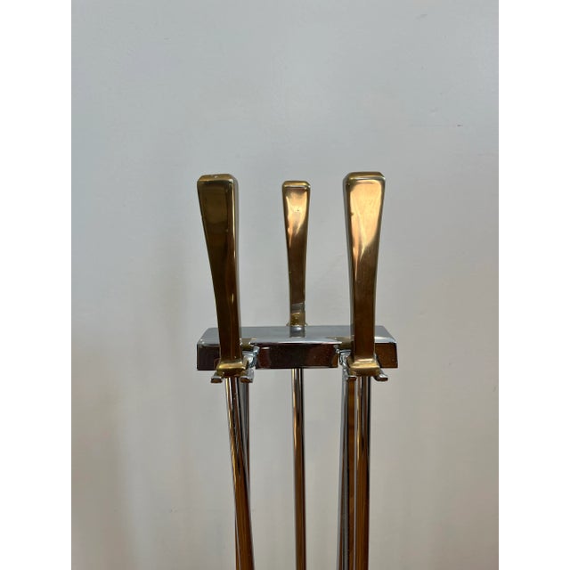 Mid 20th Century Mid Century Modernist Fireplace Tools Chrome and Brass For Sale - Image 5 of 9