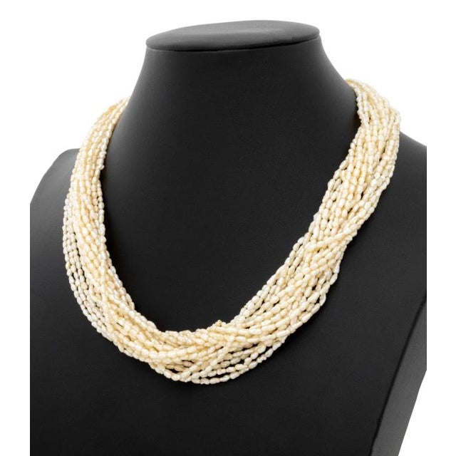 14K Yellow Gold Aquamarine Multi-Strand Pearl Necklace, featuring nineteen strands of fully drilled cultured pearls strung...