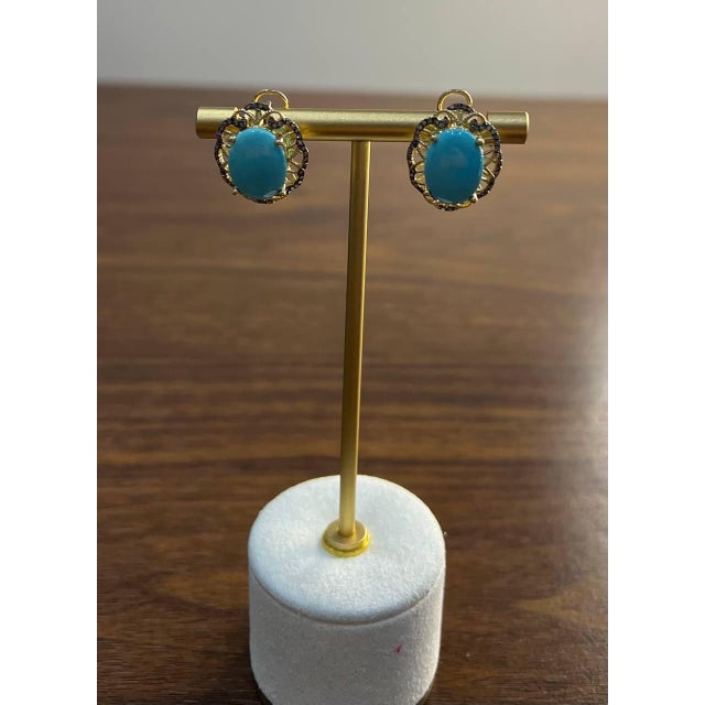 Blue Teal Turquoise Diamonds Lattice 14k Yellow Gold Statement Earrings - Set of 2 For Sale - Image 9 of 12
