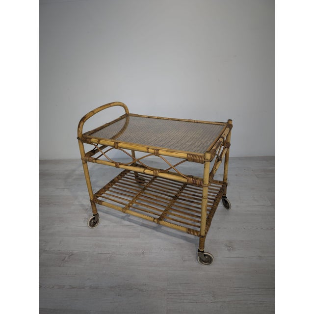 Scandinavian Rattan, Raffia and Glass Serving Cart, 1960s For Sale - Image 14 of 14