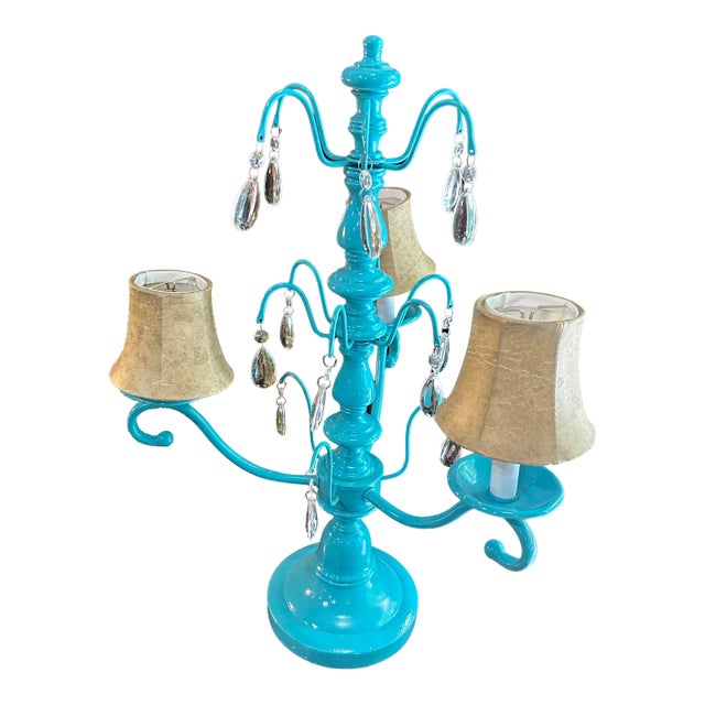 1970s Bright Blue Multi-Light and Crystal Table Lamp For Sale