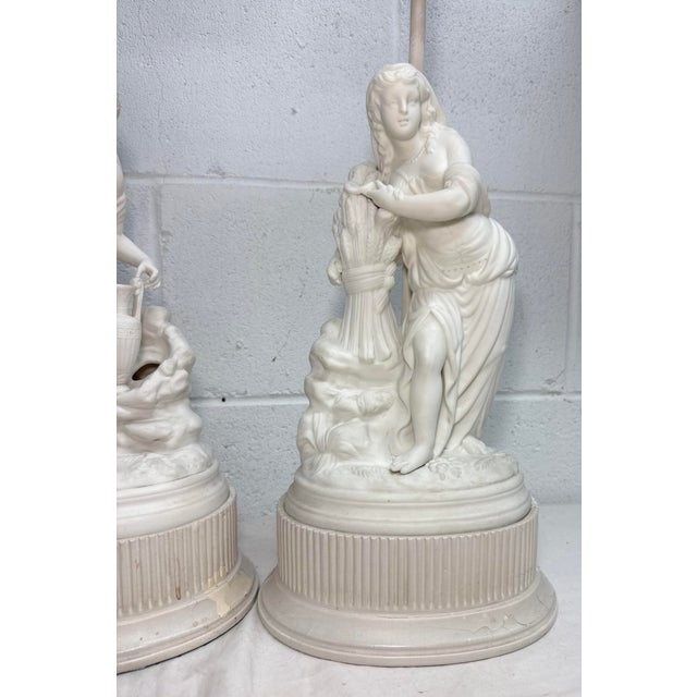 1930s Vintage French NeoClassical Parian Porcelain Figural Electric Table Lamps - Pair For Sale - Image 5 of 13