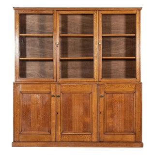 Large English Oak Glazed Bookcase, 1920s For Sale