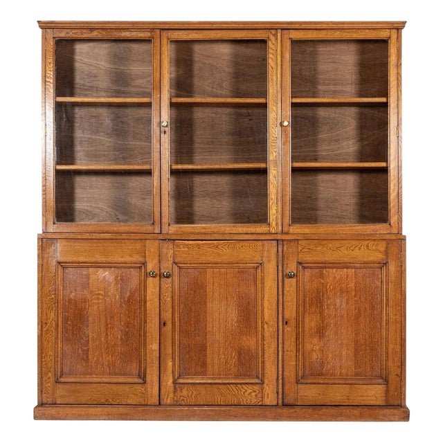 Large English Oak Glazed Bookcase, 1920s For Sale