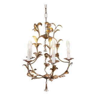 Mid 20th Century French Gilt Metal Maison Charles Inspired Five-Light Chandelier with Foliage For Sale
