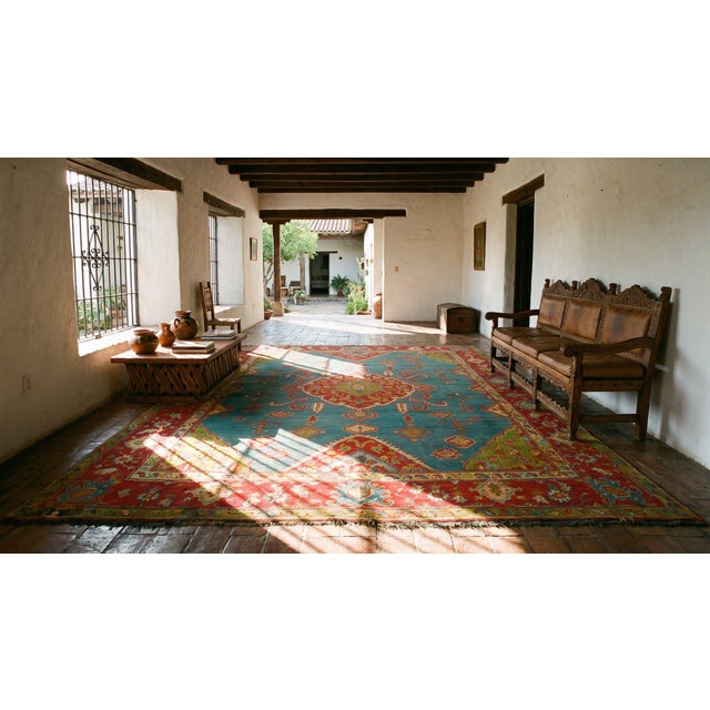 Excellent Teal-Turquoise Color With Unique Medallion Design Antique Turkish Oushak Rug For Sale - Image 13 of 15
