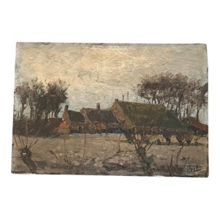 Antique Oil on Board Dutch/Belgian Farm Village in Winter Hague School Signed by Unknown Artist— Unframed For Sale