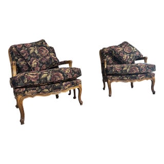 Late 20th Century Pair of French Provincial Louis XV Style Floral Tapestry Lounge Chairs For Sale