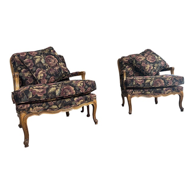 Late 20th Century Pair of French Provincial Louis XV Style Floral Tapestry Lounge Chairs For Sale