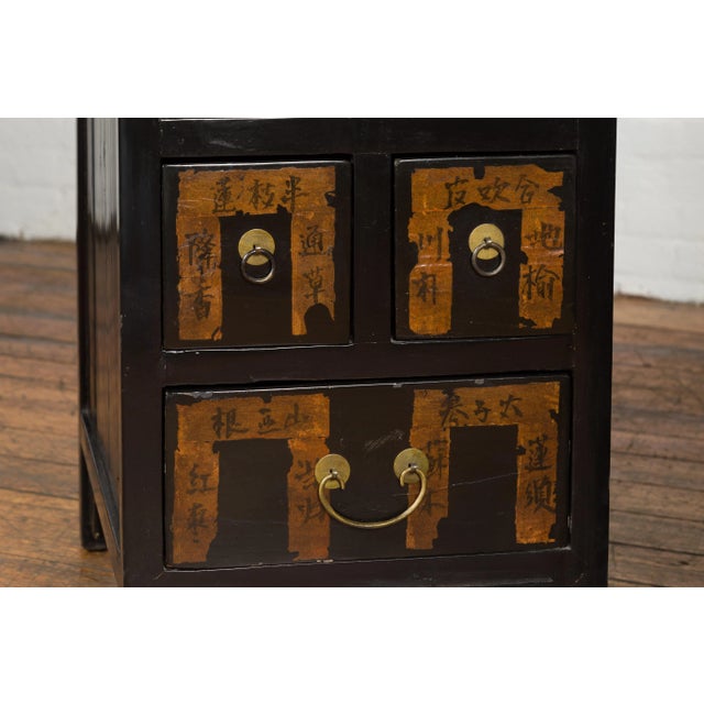 Chinese Qing Dynasty Black Lacquer Apothecary Cabinets with Calligraphy - A Pair For Sale - Image 10 of 13
