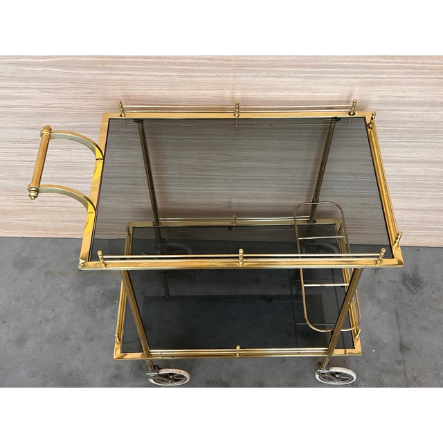 Mid 20th Century Art Deco Brass Dry Bar Cart with Smoked Two Tier Glass For Sale - Image 13 of 18