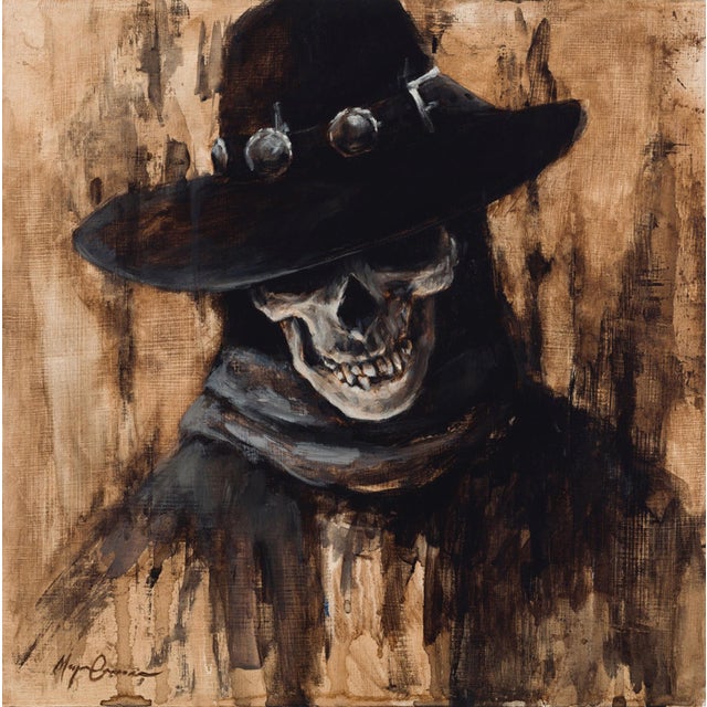 This oil on panel artwork features a striking skeletal figure draped in dark clothing, exuding an air of mystery and...