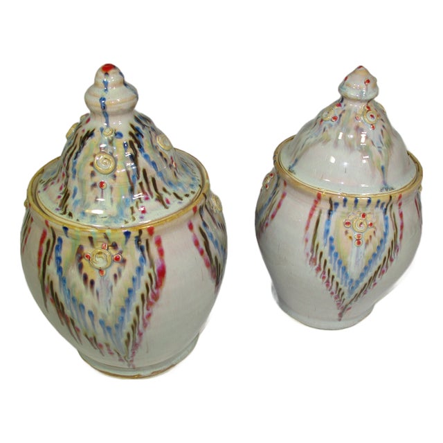 Studio Pottery Slip Glaze Covered Jars, Set of 2 For Sale
