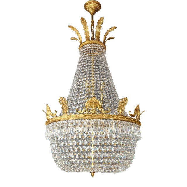 21st Century Brass Basket Empire Sac a Pearl Chandelier Crystal and Antique Gold For Sale