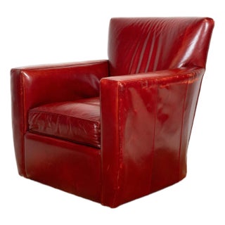 Art Deco Style Crate & Barrel Swivel Red Leather Club Chair For Sale