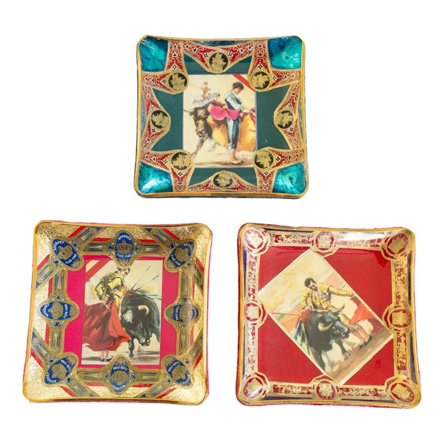 Folk Art Tobacciana Catchalls Matador and Cigar Band Decoupage For Sale