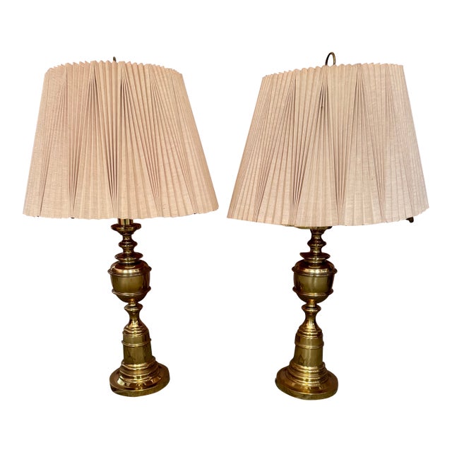 1980s Stiffel Solid Brass Urn Table Lamp Pair With Original Pleated Shades For Sale
