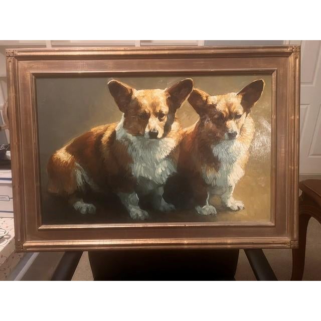 This is a detailed oil painting featuring two Pembroke Welsh Corgis captured in a classic, realistic style. The artwork...