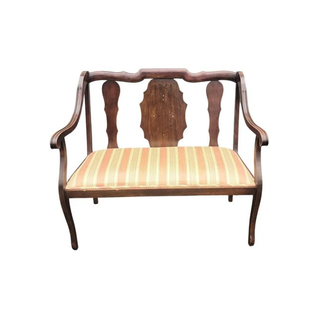 George III Style Walnut with inlay and Upholstered Seat settee in good vintage condition. Measures 41.5" in width, 24" in...