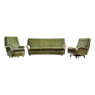 1960s Mid Century Green Velvet Sofa & Chairs by Heals of London For Sale