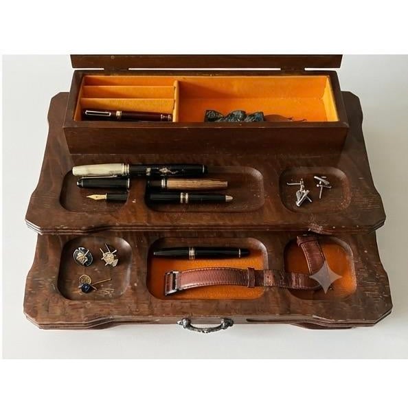 Mid-Century Modern 20th C. Mid-Century Modern Wooden Valet Jewelry Box With Woven Cane Top & Drawer For Sale - Image 3 of 18