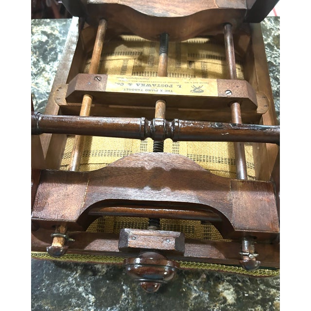Wood Antique, Victorian, Adjustable X-Frame, Mahogany Piano/Foot Stool, With Geometric, Needle-Point, Upholstered Top, Postawka, Cambridgeport, Mass, 1871 For Sale - Image 7 of 9