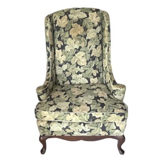 Mid Century Wing Back Chair With Pretty Curved Arms in an Autumn Leaf Pattern Upholstery, Signed For Sale