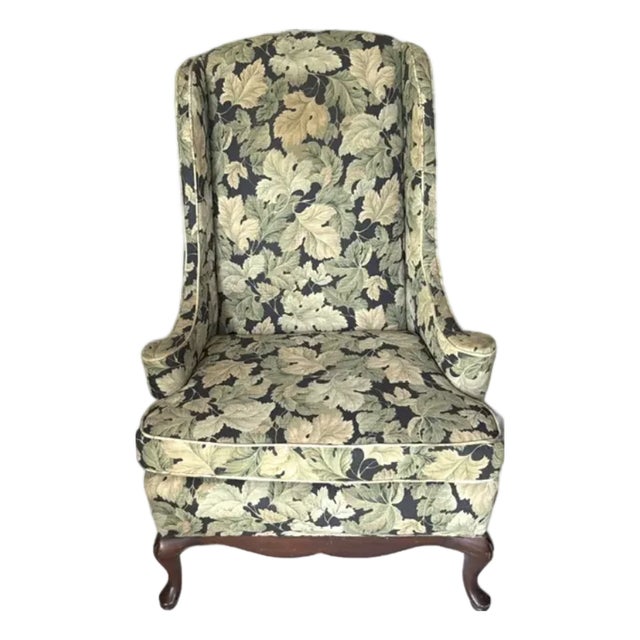Mid Century Wing Back Chair With Pretty Curved Arms in an Autumn Leaf Pattern Upholstery, Signed For Sale